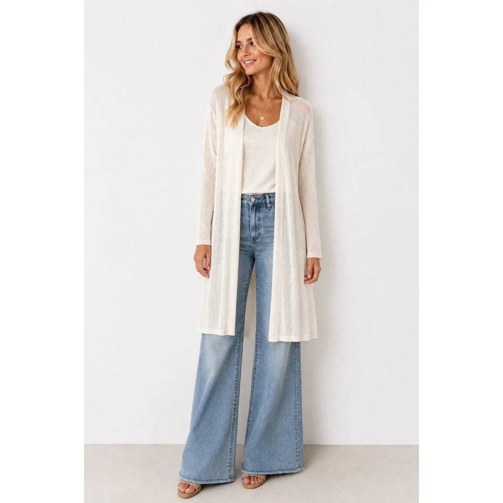 J. Jill S Ivory Linen Blend Open Front Longline Duster Cardigan Side Slits